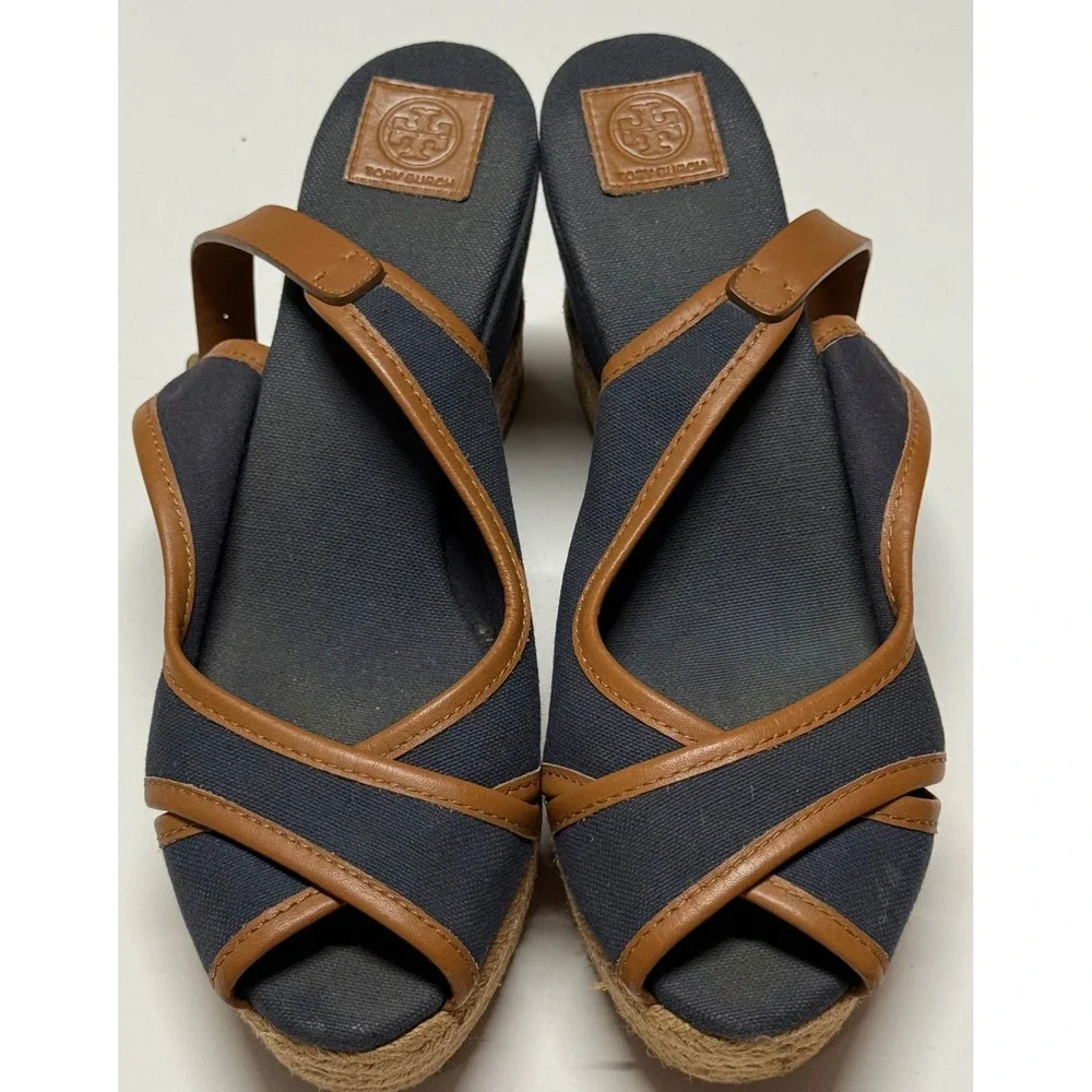 Tory‎ Burch Navy Canvas Tan Leather Espadrille Wedge Sandals Slingback Size 7